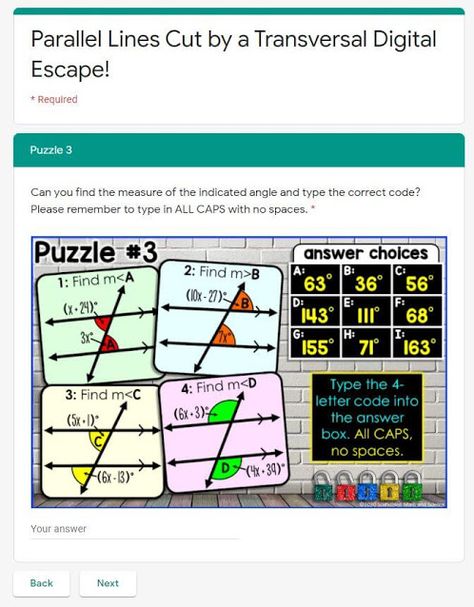 Parallel Lines Cut by a Transversal Digital Math Escape Room Notebook Reference, Colorful Reference, Math Escape Room, Anchor Activities, Math Word Walls, Geometry High School, Student Notebook, Pre Algebra, Parallel Lines