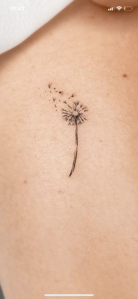 Small Tattoo Ideas Dandelion, Stick And Poke Dandelion, Small Dandelion Tattoos For Women, Wish Flower Tattoo Dandelions, Back Small Tattoo Women, Dandelion Tattoo Wrist, Small Dandelion Tattoo, Dandelion Flower Tattoo, Linear Tattoo