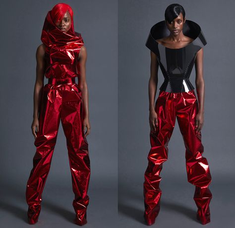 Gareth Pugh 2018 Red Futuristic Fashion, Metallic Runway, Eveningwear Dress, Foil Fashion, Punk Fashion Women, Mesh Sculpture, Acrylic Cutout, Futuristic Dress, Abstract Tech