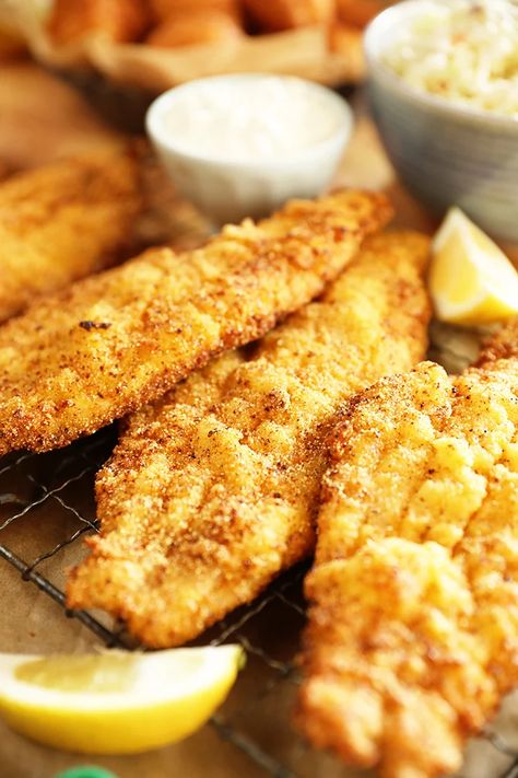 This recipe for my cornmeal crusted, southern style Lemon Pepper Fried Catfish is quick, easy and filled with tons of lemon flavor. Lemon Pepper Catfish, How To Cook Catfish, Lowcarb Meals, Fresh Fish Recipes, Fish Fryer, Fried Catfish Recipes, Frying Fish, Seafood Dish Recipes, Southern Cooking Recipes