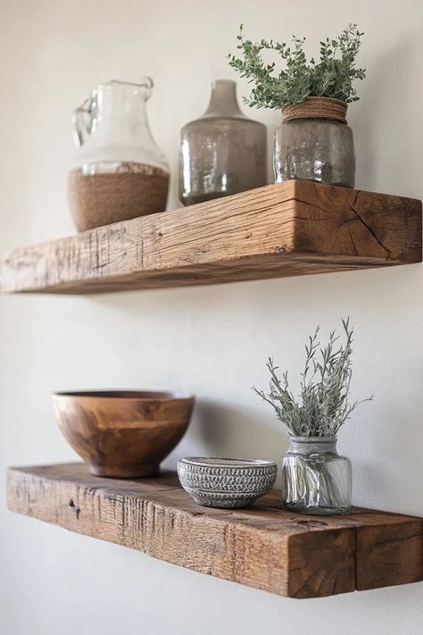 "Create a beautiful and functional Reclaimed Wood Shelf for your entryway! 🛠️🌳 Ideal for displaying decor or organizing essentials. #DIYWoodShelf #EntrywayInspo #ReclaimedWoodProjects" Shelf Decor In Bedroom, Beige And White Bedroom Ideas, Wall Decor Shelves, Shelf For Entryway, Reclaimed Wood Shelf, Kitchen Decor Trends, Bedroom Wall Decor Ideas, Bedroom Shelves, Decor Shelves