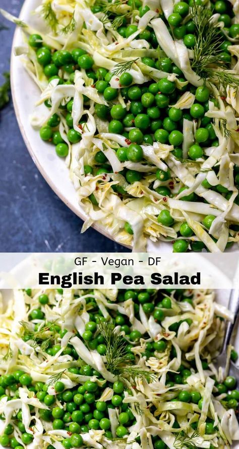 english pea salad recipe photo collage Cabbage And Pea Salad, Green Pea Salad Recipe, British Salad Recipes, Fresh Pea Salad Recipes, Vegan Pea Salad, Recipes With Green Peas, Pea Salad Vegan, English Pea Salad Recipe, English Peas Recipe