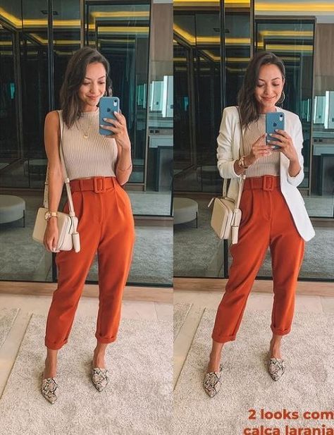 Orange Trousers Outfit, Smart Casual Work Outfit, Office Wardrobe, Trouser Outfit, Orange Pants, Casual Day Outfits, Colored Pants, Colored Denim, Work Casual