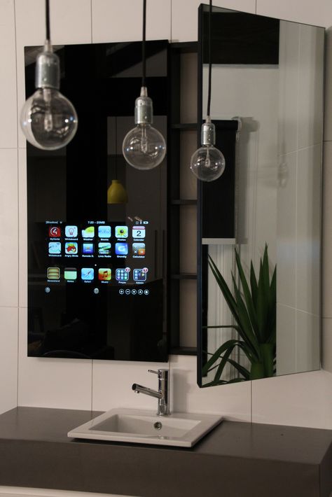 Oversized ipad/iPhone/iPod Mirror Cabinet & Kitchen Splashback | by customgadz touchscreen splashback Mirror Cabinet Design, Glass Shower Walls, 2 Way Mirror, Mirrored Kitchen Cabinet, Glass Shower Wall, Kitchen Splashbacks, Smart Home Design, Cabinet Kitchen, Kitchen Splashback