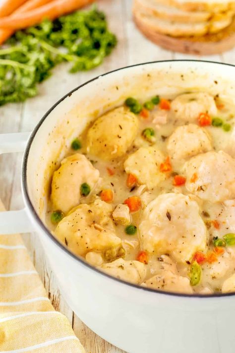 This delicious, comforting 30 Minute Chicken and Dumplings Recipe is all made in one pot, so even cleanup is a breeze! A new easy family favorite meal! Fried Zucchini Recipes, Bisquick Chicken, Chicken N Dumplings, Chicken Dumplings Recipe, Chicken And Dumplings Recipe, Homemade Chicken And Dumplings, Dumpling Filling, Chicken Dumplings, Vegetarian Chicken