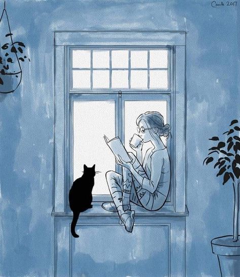 🎨 Camille Marie  "Window" Rainy Window Illustration, Rainy Window, Window Illustration, Girl Cat, Rainy Days, Drawings, Quick Saves