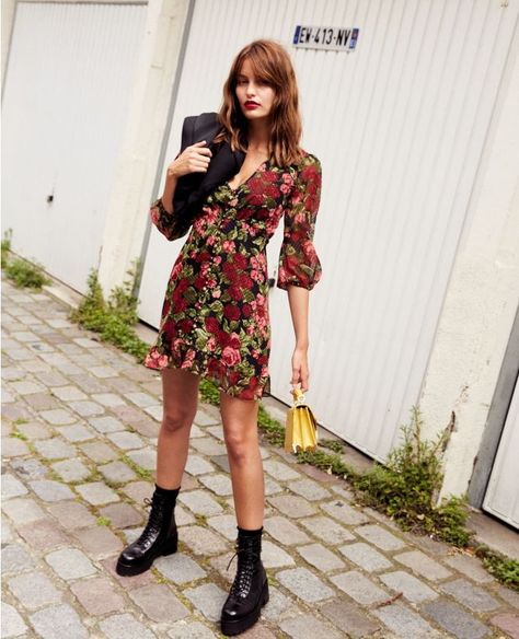 Outfit With Docs, Short Formal Dress, Modern Clothing, Light Dress, Product Development, Vintage Leather Jacket, The Kooples, Clothing Line, Floral Print Shorts