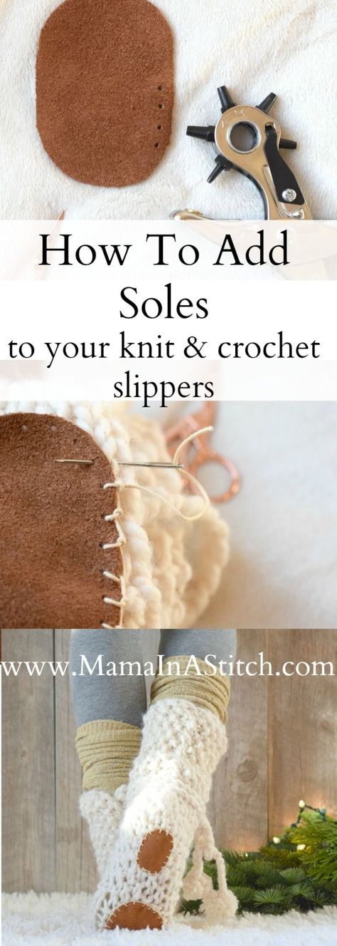 How To Add Soles to Knit or Crochet Slippers via @MamaInAStitch This is an easy tutorial on how to add simple non-slip soles to knit or crocheted slipper socks. #diy #crafts #crochet Projek Mengait, Corak Krusye, Socks Diy, Crochet Slipper Boots, Aran Sweaters, Crochet Slippers Free Pattern, Crafts Crochet, Confection Au Crochet, Crochet Boots