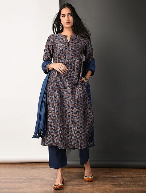 Buy Purple Ajrakh-printed Silk Cotton Kurta with Pockets Online at Jaypore.com Silk Kurti Designs, Simple Kurta Designs, Simple Kurti Designs, Gaun Fashion, Cotton Kurti Designs, Kurti Designs Party Wear, Kurta Designs Women, Cotton Clothes, Suit Design