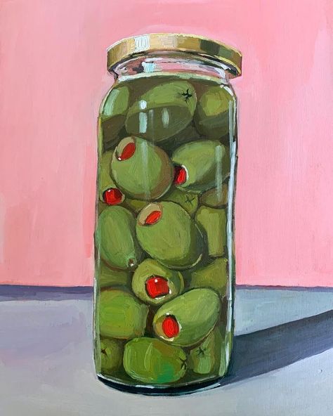 Stuffed Olives, Olive Jar, Food Painting, Painted Jars, Arte Inspo, A Level Art, Art Inspiration Painting, Kitchen Art, Funky Art