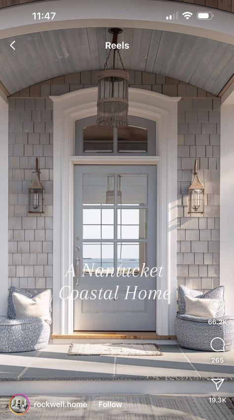 Nantucket Homes Interiors, Nantucket Front Door, Gray Beach House Exterior, Nantucket Beach House Exterior, Beach House Doors, Nantucket Style Homes Exterior, Light Blue House Exterior, Modern Coastal Home Exterior, Hamptons Style Exterior