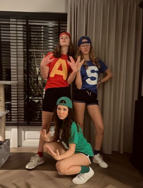 Halloween Matching Costumes For 3, Matching Outfits For Spirit Week, Spirt Week Character Day Ideas, Hallowen Costume Ideas For Trios, Group Of Four Costume Ideas, 3 Best Friends Matching Outfits, Halloween Alvin And The Chipmunks, Chickmunks Costume Halloween, Halloween Outfit Ideas For Best Friends