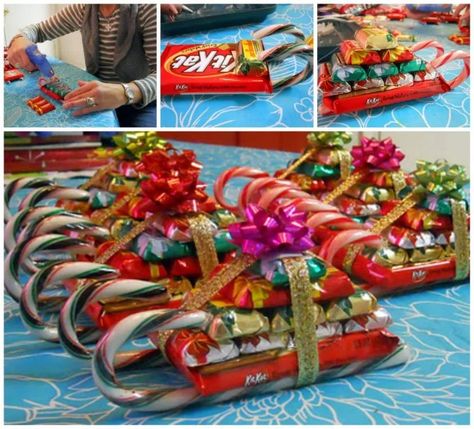 Quick Diy Christmas Gifts, Christmas Cubicle Decorations, Candy Sleigh, Family Gift Baskets, Candy Cane Sleigh, Easy Homemade Christmas Gifts, Diy Christmas Gifts For Family, Christmas Gifts To Make, Christmas Friends