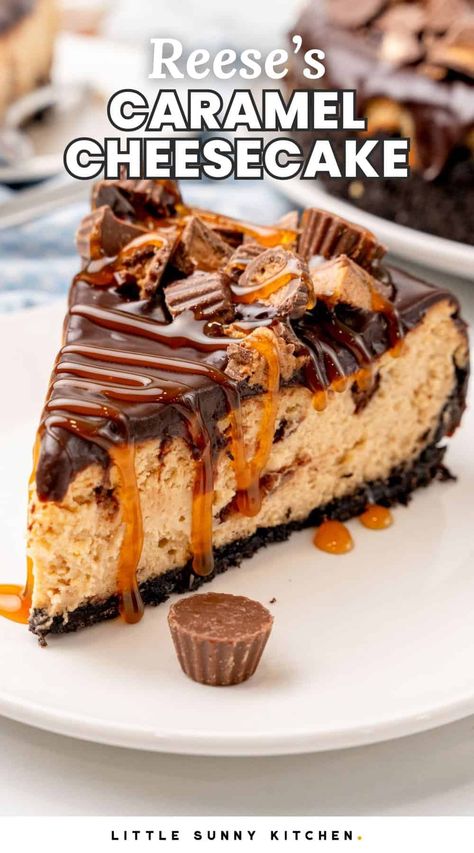 Reese's Caramel Cheesecake is a luscious, decadent dessert with caramel, peanut butter, and a rich chocolate ganache topping. Dessert With Caramel, Reese's Peanut Butter Cheesecake, Chocolate Ganache Topping, To Simply Inspire, Reeses Cheesecake, Pizza Recipes Easy, Oreo Crust, Peanut Butter Cheesecake, Caramel Cheesecake