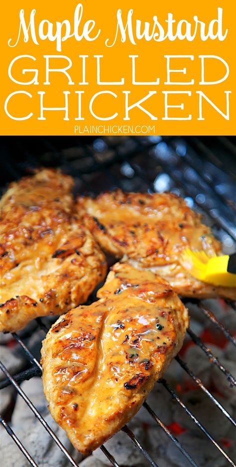 Maple Mustard Grilled Chicken - so simple! Only 6 ingredients - chicken, maple, dijon mustard, lemon juice, paprika and salt. Let the chicken marinate in the fridge and then grill. We LOVE this chicken. My husband asks me to make this at least once a week! Maple Dijon Chicken, Maple Mustard Chicken, Chicken Marinate, Maple Chicken, Maple Mustard, Mustard Chicken, Healthy Grilling, Chicken Main Dishes, Grilled Chicken Recipes