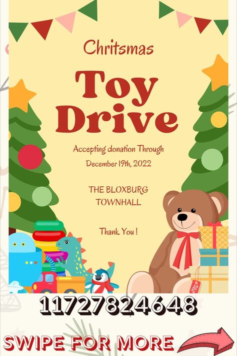 A request! I really loved the idea so I decided to look for toy drive templates, very slightly edit to make it more realistic and appropriate for bloxburg and upload it for you guys:D ENJOY AND ALWAYS FEEL FREE TO REQUEST<3 #roblox #bloxbug #bloxburgdecals #decals #bloxburgchristmas Bloxburg Stall Ideas, Bloxburg Toy Shop Decals, Toy Store Decals Bloxburg, Toys Bloxburg Decals, Bloxburg Toy Store, Bloxburg Drive Thru Decals Codes, Toy Decals Bloxburg, Bloxburg Christmas Town, Bloxburg Daycare Decals