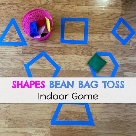 Learn shapes through active play by using patiners tape to create shapes on the floor and either hop from shape to shape or use bean bags and play a toss game! Bean Bag Games For Preschoolers, Shape Game Preschool Circle Time, Shape Movement Activities, Shapes Week Preschool, Shape Literacy Activities Preschool, Outdoor Shape Activities, Shape Identification Activities, Bean Bag Games Preschool, Carpet Activities For Preschool