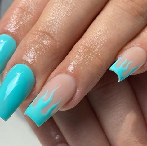 Neon Teal Nails Art Designs, Turquoise Nail Designs Summer 2023, Flame French Nails, Square Flame Nails, Flame Accent Nail, Fire Nails Acrylic, Tiffany Blue Nails Design, Nails With Flame Design, Cute Blue Nail Designs