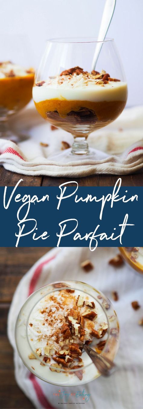 This vegan pumpkin pie parfait is perfect for those of you who can't quite figure out how to make pie crust! It's a an easy crumbled whole grain pie crust (no need for it to look pretty!) as the bottom layer, topped with a creamy pumpkin pie filling and a dollop of coconut yogurt! #AD #pumpkin #dessert #Thanksgiving #healthy #healthydessert #WholeGrain #dairyfree #vegan #vegetarian #holidayrecipes Pumpkin Pie Parfait, Easy Vegan Pumpkin Pie, Vegan Thanksgiving Dessert, Vegan Board, Vegan No Bake, No Bake Pumpkin, Bake Pumpkin, Quick Vegan, No Bake Pumpkin Pie