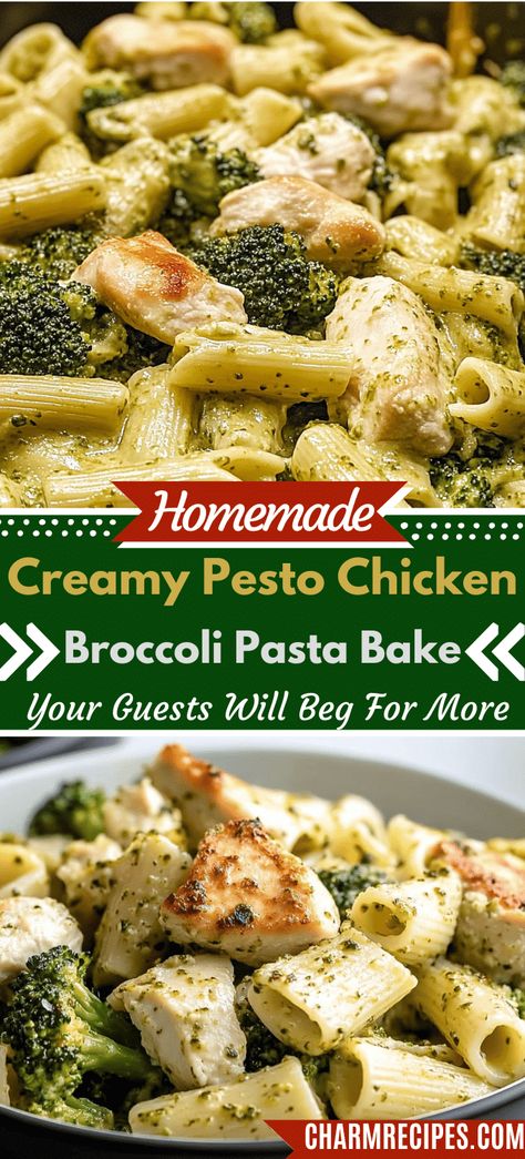 Creamy Pesto Chicken and Broccoli Pasta Bake Dinner Ideas Pesto, Creamy Pesto Chicken And Broccoli Bake, Pesto Chicken And Broccoli Pasta, Creamy Broccoli Chicken Penne, Creamy Chicken Broccoli Pesto Pasta, Chicken And Broccoli Pesto Pasta, Shredded Chicken Pesto Pasta, Brocoli Chicken Pasta Bake, Creamy Pesto Chicken & Broccoli Pasta Bake