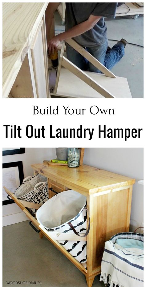 Hide your laundry in this stylish cabinet with easy tilt out doors!  It looks like a cabinet or dresser on the outside, but the two tilt out doors provide two locations to store dirty laundry and the middle door opens up for supply storage.  Check out the free building plans to make your own! Tilt Laundry Hamper Diy, Laundry Hamper Cabinet Diy, Diy Laundry Hamper On Wheels, Murphy Door Laundry Hamper, Dresser To Storage Cabinet, Hamper Dresser Diy, Hamper Dresser, Diy Hidden Laundry Hamper, Build Plans