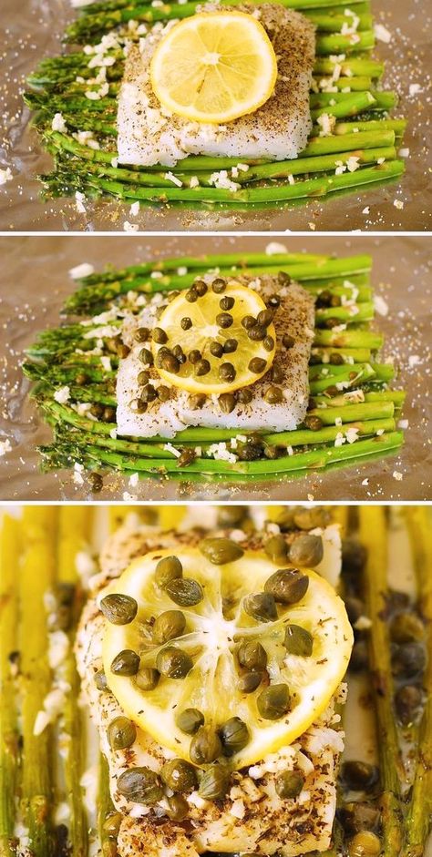 Baked Cod with Asparagus and Garlic Lemon Caper Sauce.  Use pacific cod or black cod.  Each cod fillet (together with asparagus and caper sauce) is baked in an individual foil pocket. One individual foil pocket with cod and asparagus equals one serving. #cod #fish #codrecipe  #bakedcod #asparagus #garlic #lemon #capers Baked Cod And Asparagus, Cod Asparagus Recipe, Cod With Asparagus, Pacific Cod Recipes Baked, Cod And Asparagus Recipes, Pacific Whiting Fillets Recipes, Cod With Capers, Cod And Asparagus, Cod Potatoes