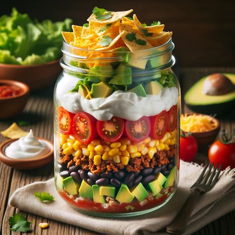 Cooking up Joy - Made with love: Fiesta in a Jar: Vibrant Taco Salad Jar Soup, Mason Jar Soup, Jar Salads, Soup In A Jar, Clean Eating Salads, Mason Jar Salad, Food Artwork, Healthy Food Recipes Clean Eating, Meat Alternatives