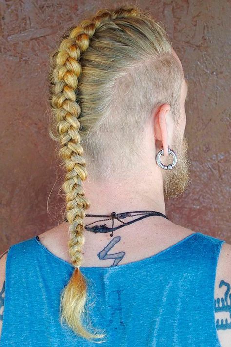 Dragon Braid For True Men Viking Braids Men Shaved Sides, Male Viking Braids, Manly Hairstyles, Mens Long Hair Undercut, Dragon Braid, Braids For Men, Braids With Fade, Viking Party, Trendy Mens Hairstyles