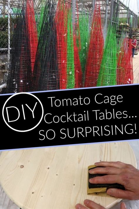 Such a fun way to create cocktail tables, using tomato cages. You can use these tables outside for a garden party of barbecue! Great idea for home decor & garden decor. It's repurposed & functional! #howto #diy #diys #craft #crafts #crafting #handmade #homedecor #decor #makeover #makeovers #redo #repurpose #reuse #recycle #recycling #upcycle #upcycling #unique #furniture #furnituremakeover #furnitureredo #thrifting #thriftstore #garden  #gardening #gardenideas #gardenart #cocktail | sponsored How To Make A Cocktail Table, Diy Cocktail Table Outdoor Parties, Diy Cocktail Table Cheap, Diy Drink Table, Garden Table Diy, Diy Tomato Cage, Tomato Cage Crafts, Diy Cocktail Table, Diy Cocktail Bar