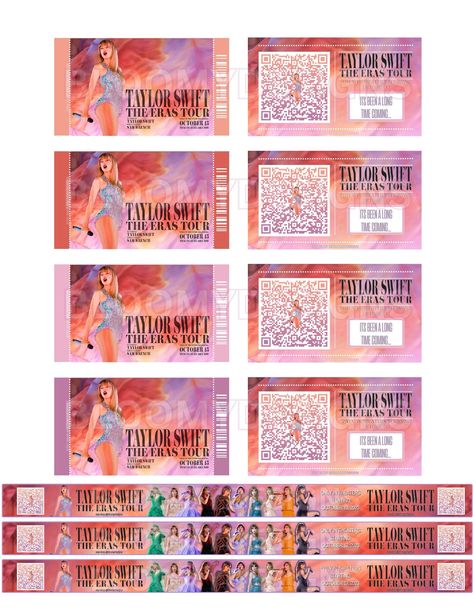 "No copyright infringement intended. All quotes and names belong to the respective owners. DIGITAL Template 2023 Taylor The Eras Tour Movie in Theaters Memorabilia Ticket & Wristband Digital Files PLEASE READ BEFORE PURCHASING These are memorabilia Souvenir ticket(s) solely for the purpose of keepsake and aesthetics. This is not a valid admission to any cinemas or theaters. DO NOT REPOST, SHARE, OR SELL. These are to be used for personal use ONLY. PDF format The file includes 8 different designs for tickets and 2 different designs for wristbands. PRINTING * For best results, we recommend printing on heavyweight, high quality white glossy paper * When printing at home remember to set your printer settings to the highest quality and glossy finish for the best results *Note that printed color Aria Montgomery Aesthetic, Movie Night Tickets, Taylor Swift Games, Taylor Swift Tickets, Theater Tickets, Ticket Template, 19th Birthday, Mini Craft, Aesthetic Template