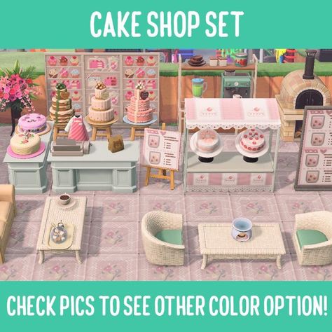 Cake Shop Cafe Set - Animal Crossing Furniture Pink Cafe Animal Crossing, Outdoor Bakery Acnh, Cake Shop Animal Crossing, Animal Crossing Dessert Shop, Animal Crossing Cake Shop, Acnh Tea Shop, Acnh Dessert Shop, Acnh Cake Shop, Bakery Animal Crossing