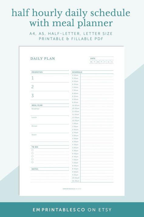 Half Hourly Daily Schedule with Meal Planner - Instant Download  
Fillable, Digital and Printable Planner Inserts

Plan your meetings and appointments with this half hourly daily schedule. On top of that, it comes with sections for your daily priorities, meal planner, to do list and notes. Perfect for students, family or anyone who has a hectic schedule to manage. Daily Planner To Do List, Free Wedding Planner Printables, Fitness Planner Free, To Do List Daily, Hourly Schedule, Free Wedding Planner, Planner To Do List, Daily Diary, Wedding Planner Printables