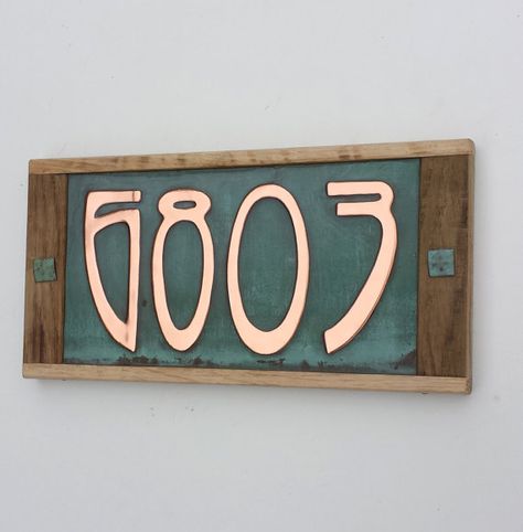 This item is for 4 x house number Art Nouveau font plaque in 75mm/3 or 4/100mm size made from eco friendly copper - this is a 99% eco friendly recycled product. The copper is glued to plywood and framed with limed oak which will develop to a weathered grey colour  The copper tabs left and right cover the fitting screws for wood or masonry. All fittings supplied including wall plug. The polished copper numbers are lacquered, the patinated surround is left as is and will improve further with a... Art Nouveau Signage, Art Nouveau House, Recycled Product, Copper House, Limed Oak, House Plaques, Number Art, House Number Plaque, Floating House