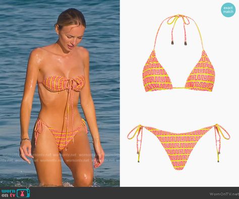 Marie Lou Nurk’s orange printed bikini on Selling Sunset. Outfit Details: https://wornontv.net/400517/ Marie Lou Nurk, Selling Sunset Outfits, Sunset Outfits, Sunset Outfit, Selling Sunset, Self Image, Printed Blazer, Sunset Pictures, Knit Midi