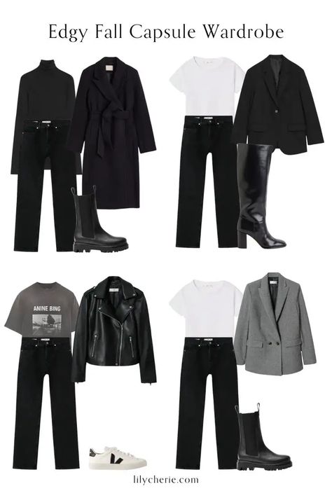 2024 Capsule Wardrobe Guide: Seasonal Essentials & Chic Styles Edgy Fall Nails, Edgy Capsule Wardrobe, Black Capsule Wardrobe, Edgy Fall Outfits, Minimalist Moda, Black Wardrobe, Capsule Wardrobe Essentials, Look Formal, Minimalist Capsule Wardrobe