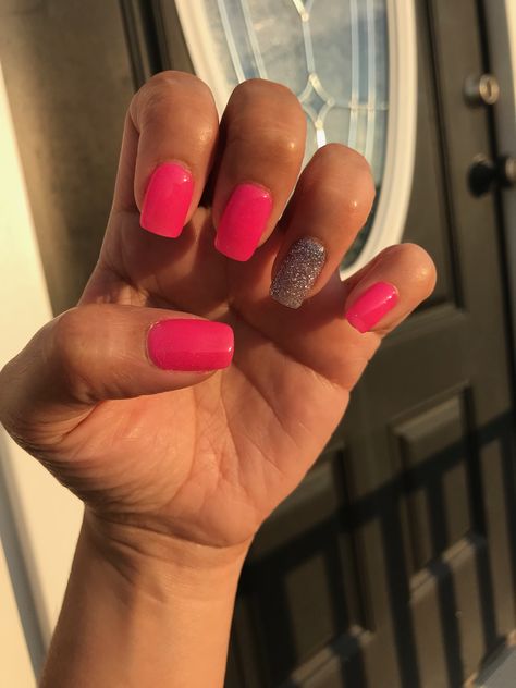 Hot Pink Nails With Silver Glitter, Hot Pink With Glitter Nails, Hot Pink Silver Nails, Pink Nails With One Glitter Nail, Hot Pink And Silver Glitter Nails, Hot Pink Nails For Hoco, Nails To Match Hot Pink Dress, Silver And Hot Pink Nails, Pink With Silver Glitter Nails