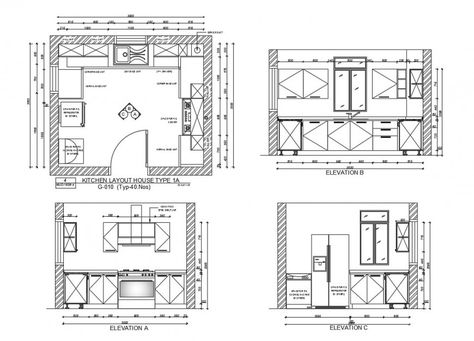 Kitchen all sided elevation and layout plan house type cad drawing details dwg file Kitchen Details Drawing Plan, Kitchen Plan Dimensions, Kitchen Elevation With Dimensions, Kitchen Dimensions Layout, Kitchen Plan And Elevation, Kitchen Details Drawing, Kitchen Elevation Drawing, Kitchen Layout Drawing, Kitchen Cabinets Drawing