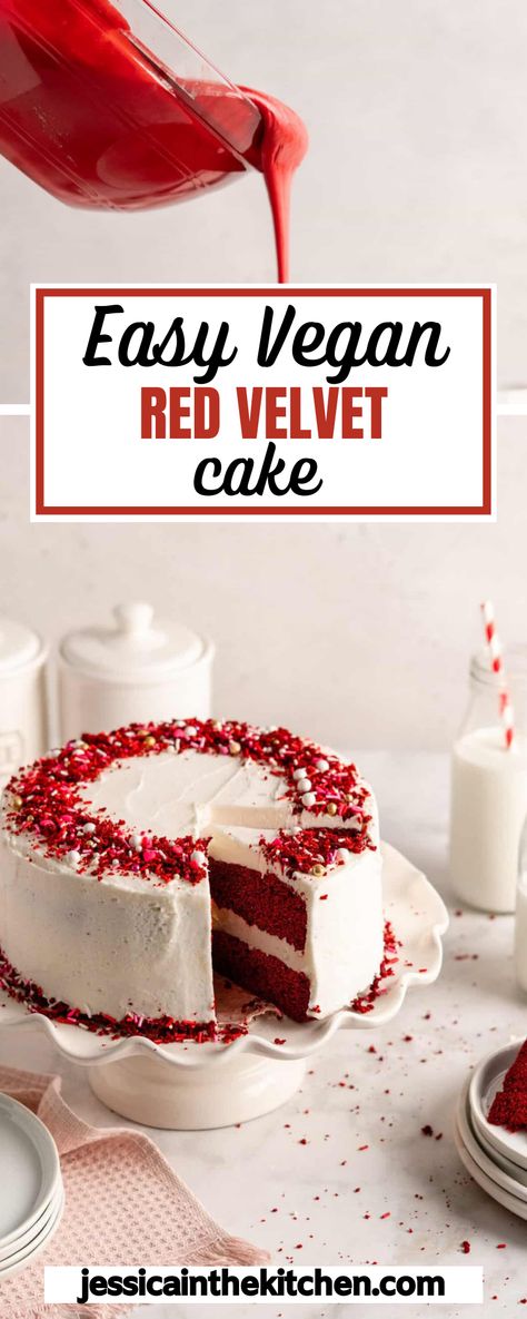 Red Velvet Cake Moist, Gluten Free Red Velvet Cake, Red Velvet Cake Recipe Easy, Vegan Red Velvet Cake, Vegan Red Velvet, Nora Cooks, Fluffy Layers, Vegan Cream Cheese Frosting, Red Velvet Cake Recipe