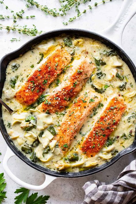 Artichoke Salmon, Cauliflower Rice Paleo, Salmon Skillet, Artichoke Sauce, Spinach Alfredo, Salmon Spinach, Kidney Friendly Foods, Whole30 Keto, Healthy Weeknight Meals