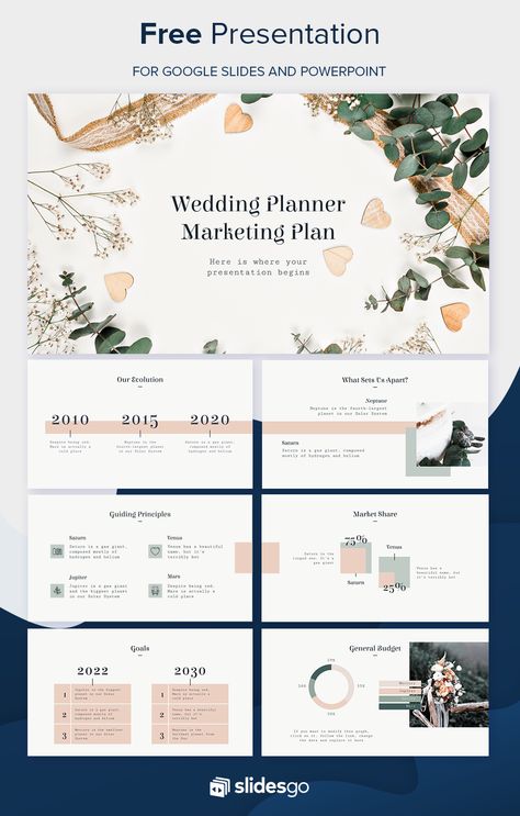 This new PPT template and Google Slides theme is a nice starting point to present a wedding planner marketing plan. Follow the corresponding link, visit our website and try it free! #Slidesgo #FreepikCompany #freepresentation #freetemplate #presentations #themes #templates #GoogleSlides #PowerPoint #GoogleSlidesThemes #PowerPointTemplate Free Ppt Template Website, Wedding Planner Marketing, Ppt Template Design, Plan Wedding, Free Ppt Template, Presentation Slides Design, Print Design Template, Powerpoint Slide Designs, Wedding Planning Business