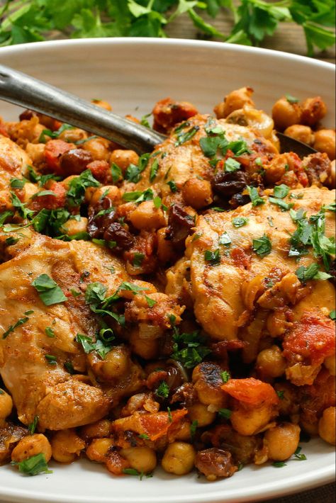 Chicken and Chickpea Tagine Recipe - NYT Cooking Chickpea Tagine Recipe, Tagine Recipes Chicken, Chickpea Tagine, Chicken Chickpeas, Tagine Cooking, Chicken Chickpea, Chicken Tagine, Tagine Recipes, Nyt Cooking