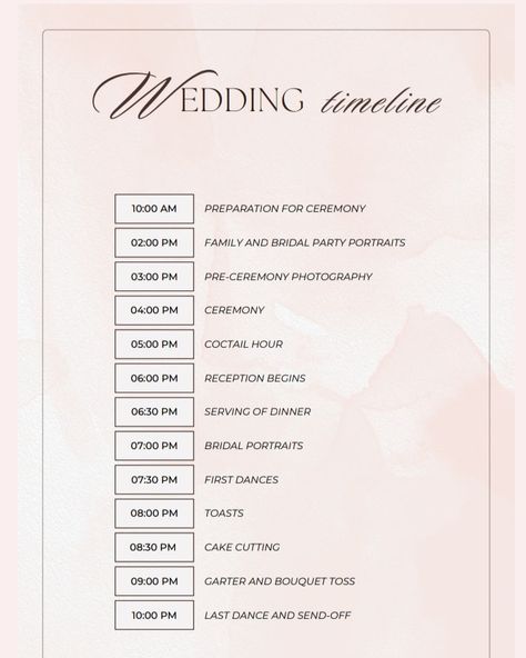 ✨ Wedding Tip of the Day: Timing is Everything! Ensure your ceremony and reception flow smoothly by creating a timeline that works for YOU and your guests! ⏰ #perfecttiming #weddingtips Wedding Timeline Day Of 5pm Ceremony, Wedding Timeline Day Of, Reception Order Of Events, Wedding Flow, Reception Timeline, Create A Timeline, Bouquet Toss, Timing Is Everything, Wedding Timeline