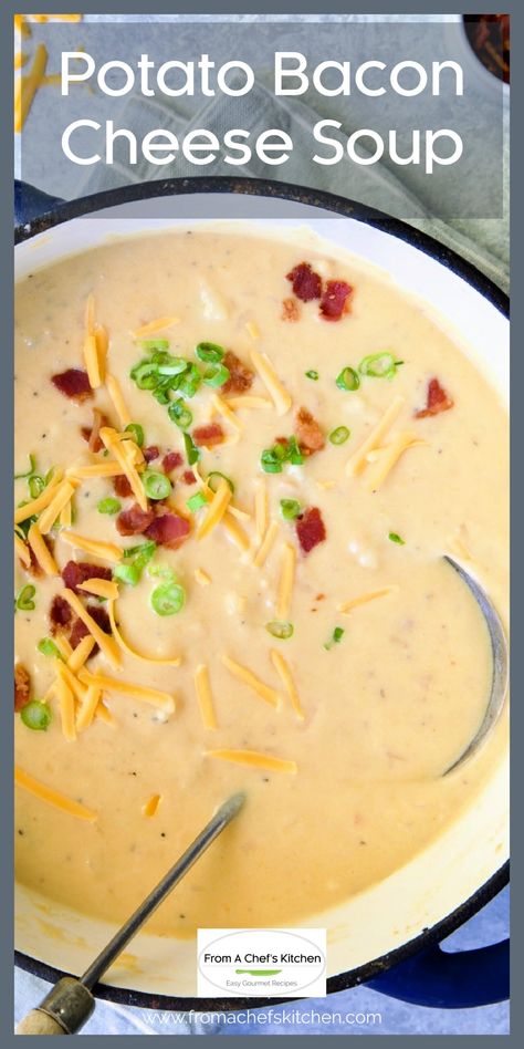 Potato Cheese Soup is cozy comfort food at its best! Smokey bacon and sharp cheddar cheese meld perfectly with the creamy potatoes in this hearty soup, which comes together in just one pot. Bacon Cheese Potatoes, Potato Cheese Soup, Creamy Potatoes, Potato Bacon, Cheddar Potatoes, Cheese Soup Recipes, Potato Cheese, Potato Soup Recipe, Soup And Stew