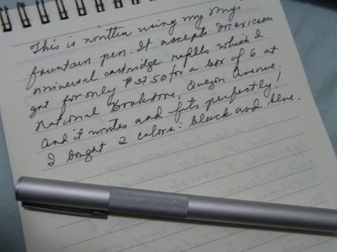 Muji fountain pen. Writes pretty well, though scratchier than a Lamy Safari. Muji Pens, Lamy Safari, Fountain Pen, Handwriting, Sheet Music, Pen, Writing