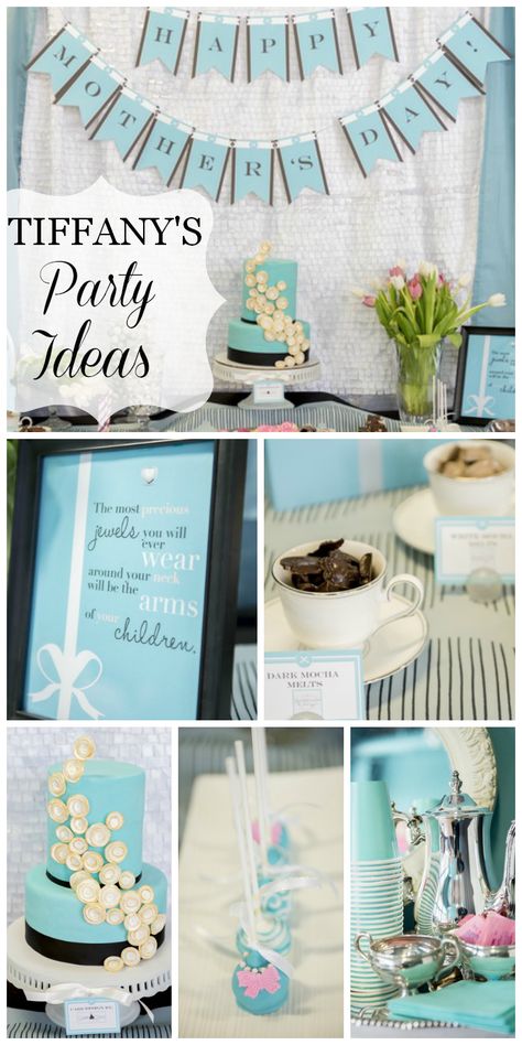 A Tiffany's themed Mother's Day tea party with robin's egg blue decor and cake!  See more party ideas at CatchMyParty.com! Breakfast At Tiffanys Party Ideas, Tiffany Blue Party, Party Breakfast, Tiffany Birthday, Tiffany Baby Showers, Breakfast Birthday, Party Website, Tiffany Theme, Tiffany Bridal Shower