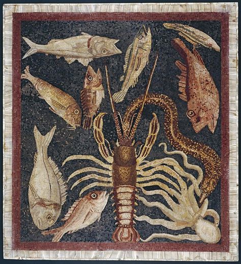 This Roman mosaic was made around AD 100, and would probably have decorated the floor of a dining room, along with other panels. The intricately rendered sea creatures are all edible species from the Mediterranean – the mosaic was found at Populonia on Italy’s Tuscan coast. 🦐🐟🦑  #mosaic #Roman #fish #Mediterranean #seacreatures #sea #history #archaeology #Tuscany Ancient Roman Art, Ad 100, Roman Mosaic, Mosaic Floor, Roman History, Roman Art, Mosaic Flooring, Bas Relief, Art Antique