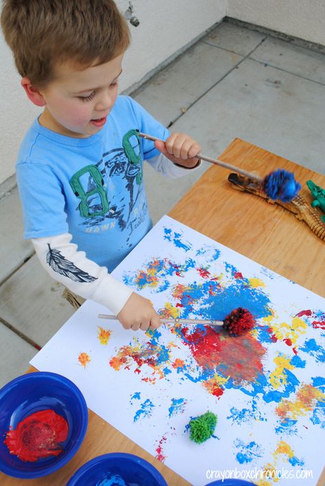 Yarn Pom Pom Drumstick Painting by Crayon Box Chronicles Drum Painting, Diy Yarn Pom Pom, Childcare Ideas, Open Ended Art, Summer Preschool Activities, Music For Toddlers, Drums Art, Sensory Art, Music Crafts