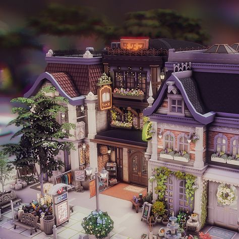 Heeeyyylooo Lovelies!🌸 I finally did it! I've been building this creation for days and I'm so happy with how it turned out in the end!😍 This is a shopping area in San Sequoia, with a fashion store, a bookstore, a florist, a café with a bakery and an art gallery. All buildings are fully furnished and decorated. Of course I will show a few more pictures because it took me the longest time to decorate the interior. I hope you enjoy it! The images in the art gallery are all from my own gallery... Sims 4 Florist Shop, Sims4 Bakery, Sims 4 San Sequoia House, Sims 4 Art Gallery, Sims 4 Bakery Build, Sims 4 Shops, Sims 4 Bookstore, Sims 4 San Sequoia, Sims 4 Shop