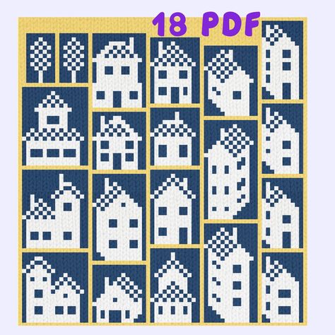 This is a set of 18 easy house patterns for intermediate knitters using the Fair Isle technique. Patterns are presented in the form of two-color schemes. The patterns are designed according to Scandinavian/Nordic motives and are grouped into full-size and rapport patterns. Using these charts, you can create any modern Norwegian knit or crochet project. Please note that there are only charts (graphs). No instructions or tutorials are included. You will receive a link to download one full-size chart of 18 houses in PDF format and four charts of 10-12-13-16 rapport in JPG format. Your files will be available to download once payment is confirmed. If any problems take place when downloading, please contact me, and I'll do whatever I can to help. Other kinds of colorwork patterns can be found a Nordic Knitting Charts, House Knitting Chart, Simple Colorwork Knitting Charts, Fair Isle Motifs, Fair Isle Charts Nordic, Fair Isle Knitting Patterns Charts, Knitting Colorwork Chart, Norwegian Knitting Designs, Scandinavian Knitting