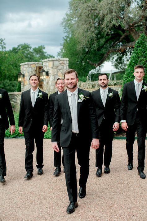 Groomsmen Sage Green Ties Groomsmen Black Suit, All Black Suit With Sage Green Tie, Black Suit Sage Tie, Black Suit Sage Green Tie, Black Suit Grey Tie, Groomsmen Attire Black, Black Groomsmen Suits, Wedding Day Outfit, Austin Garden